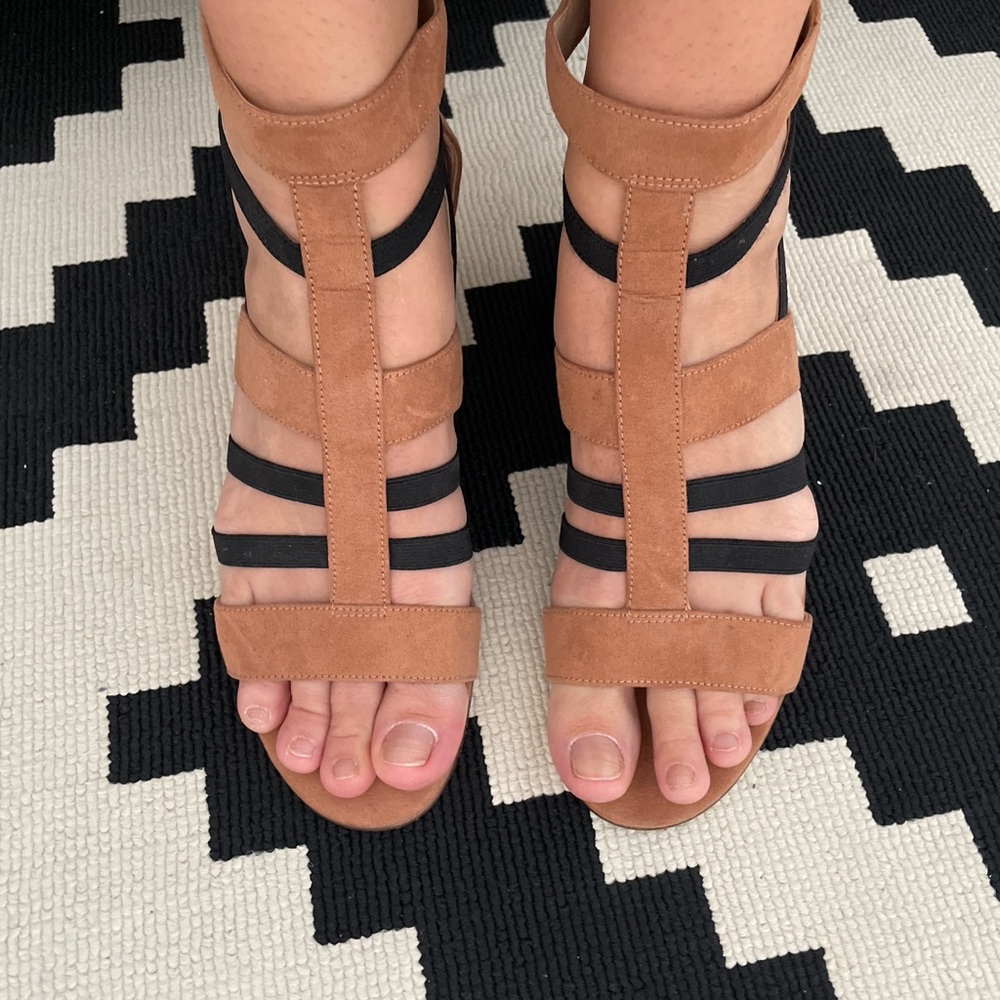 Nine West Tan and Black Gladiator Heels